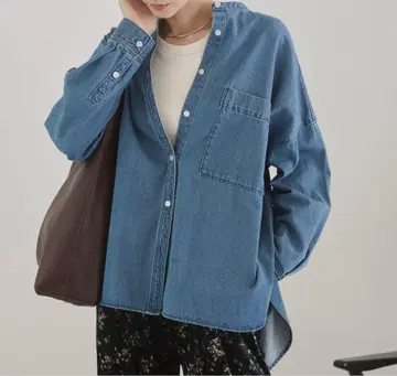 ANGIE 오버 사이즈 밴드 카라 데님 셔츠