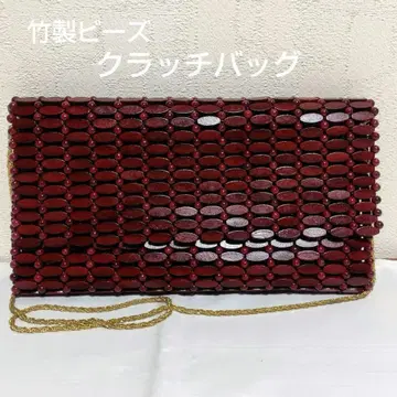 [ 미사용품 ] 대나무 비즈 빨간색 클러치백 골드 체인 쇼와 레트로