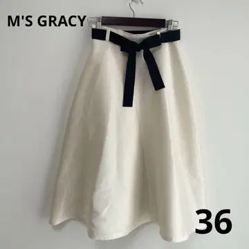 M'S GRACY 플레어 스커트 일본제 종아리 기장 리본 화이트