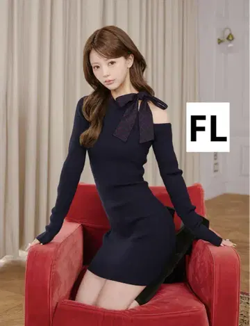 다리치 체크 리본 원숄더 니트 미니 원피스