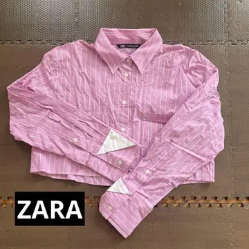 [ ZARA ] 숏 기장 긴팔 셔츠 핑크 스트라이프 S 사이즈