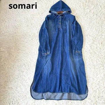 somari 데님 롱 원피스 후드 부착 맥시 길이
