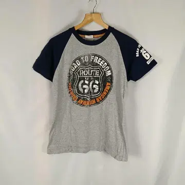 Route66 프린트 T셔츠 M 네이비 그레이 실버 B3584