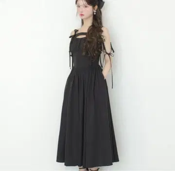 Ribbon gather flare long onepiece