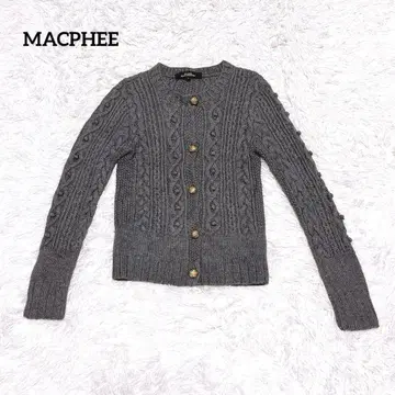 MACPHEE 아란 니트 가디건 그레이 골드 버튼 두툼한 짜임 무늬