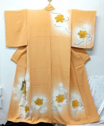 호몬기 기모노 일본 의류 순수 실크 쇼와 레트로 오렌지 기장 158cm