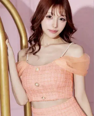 오렌지 오프숄더 미니 스커트 세트
