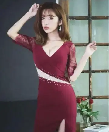 JEWELS 와인 레드 V넥 드레스 M