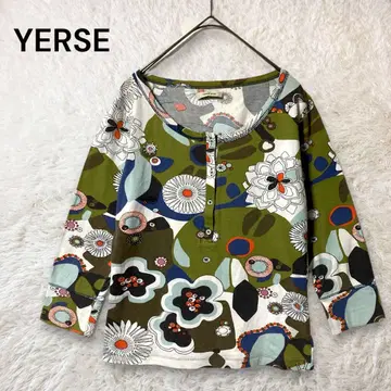 YERSE 7부 소매 꽃무늬 티셔츠 하프 버튼 숏 기장 그린 계열 S