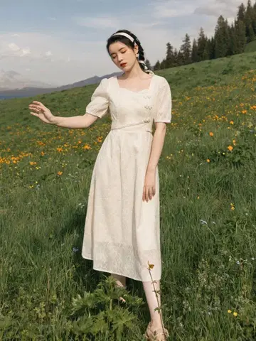 아이보리 스퀘어넥 롱 원피스 반팔