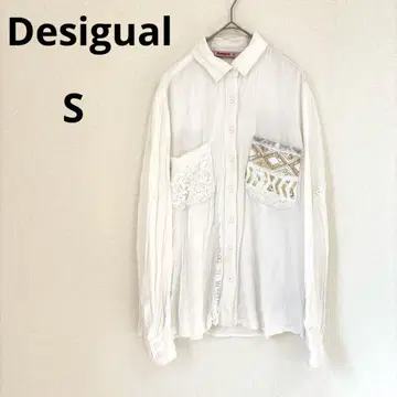 Desigual 데시구알 긴팔 셔츠 스팽글 레이스 로고 화이트 S