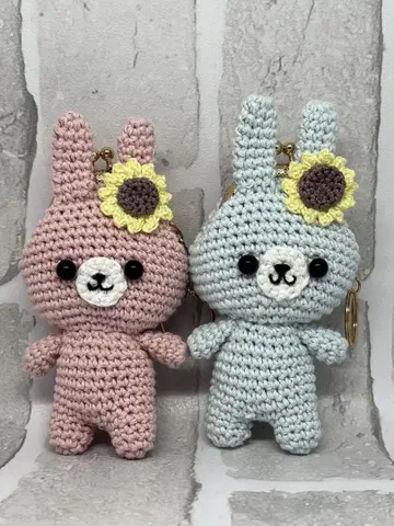 핸드메이드 토끼 가마구치 뜨개질 인형 키링 2개 세트