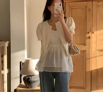 nugu 퍼프 반팔 크롭 니트 가디건