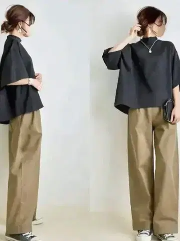 블랙 상의와 베이지 와이드 팬츠 셋업