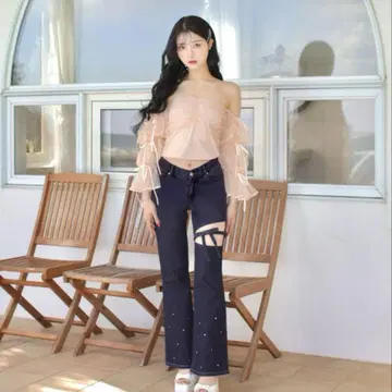 Mmeeme V 라인 허리 리본 플레어 데님 F 사이즈