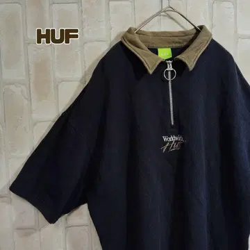 하프 지퍼 맨투맨 반팔 네이비 센터 자수