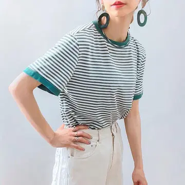 미사용 새상품 컨디션 최상 주노아 배색 보더 반팔 T셔츠 그린