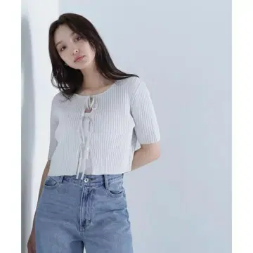 NATURAL BEAUTY BASIC 리본 숏 라메 가디건