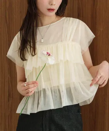 hinari 튤 프릴 프렌치 슬리브 상의