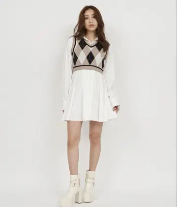 미사용 새상품 ROYAL PARTY 아가일 베스트 부착 셔츠 미니 원피스