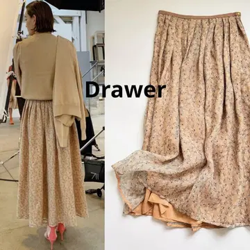 초가을 코디 Drawer 실크 귀여운 꽃무늬 오렌지 베이지 스커트 드로어