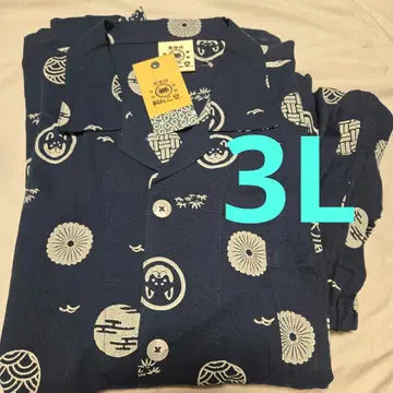 완코도 일본풍 패턴 네이비 코튼 파자마 개 이누 3L 반팔 반바지