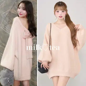 택 포함 새상품 다리치 빅 리본 백 오픈 니트탑 핑크