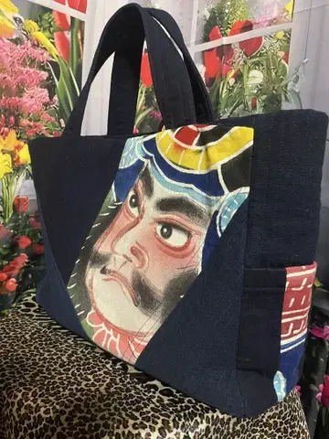 빈티지 원단 일본풍 토트백 전통적인 얼굴 그림체