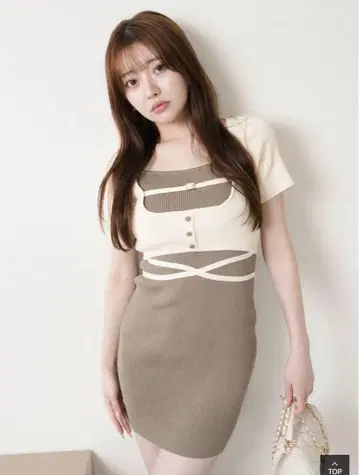 LIPSERVICE 바이컬러 코르셋 니트 원피스 미니 베이지