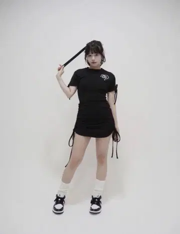 corset ribbon T-shirt one-piece Black