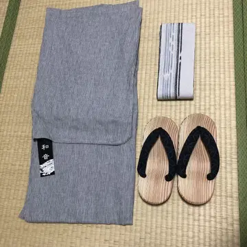 유카타 세트 남성용 오비 일본 나막신 L 사이즈 미사용 순수 린넨 그레이