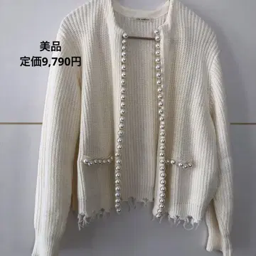 새상품급 펄 장식 니트 가디건 밤 네이비 아이보리
