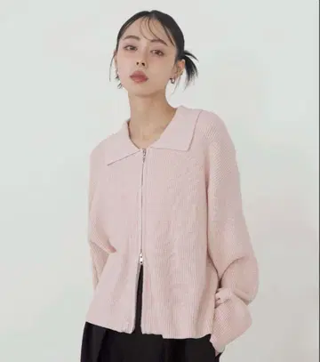 LIAN 더블 지퍼 폴로 니트 가디건 핑크