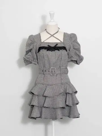pium 티어드 프릴 미니 원피스 깅엄