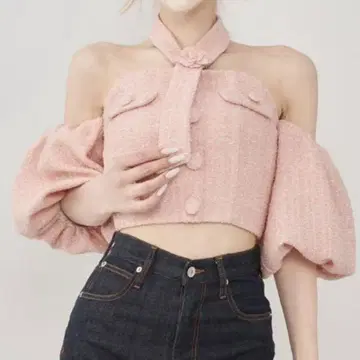 다리치 홀터넥 오프숄더 트위드 핑크 상의