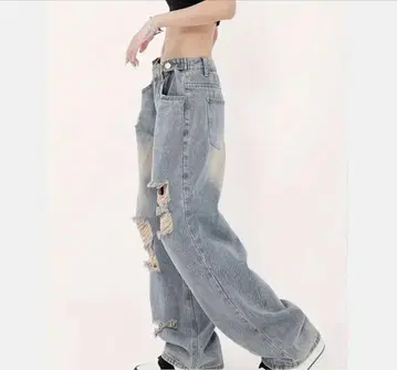 라이트 블루 데미지 데님 와이드 레그 팬츠