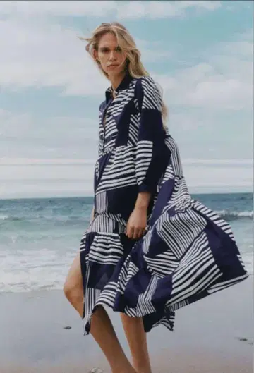 ZARA 원피스 블루 스트라이프 티어드 S
