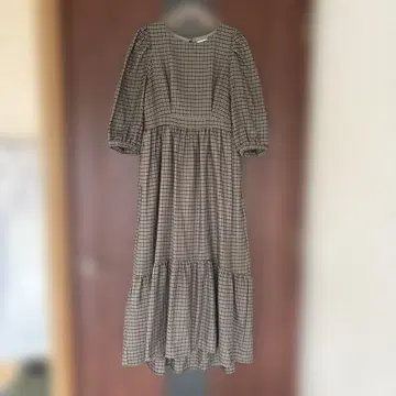 마우지 체크 무늬 긴팔 롱 원피스 사이즈 1 베이지
