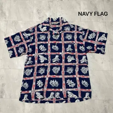 NAVY FLAG 알로하 셔츠 오픈 카라 반팔 레이온 대나무 일본풍 패턴