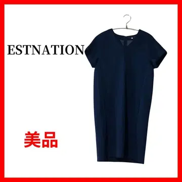 ESTNATION V넥 원피스 네이비 무릎 기장 반팔 심플B537