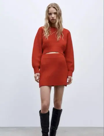 ZARA 니트 크롭 니트 셋업 미니 스커트 빨간색