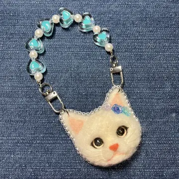 블루 계열 고양이 양모 펠트 백참 브릭 스티치 꽃 비즈 포함