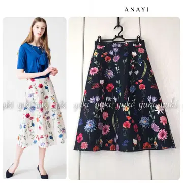 ANAYI 보타니컬 프린트 플레어 스커트 36 네이비