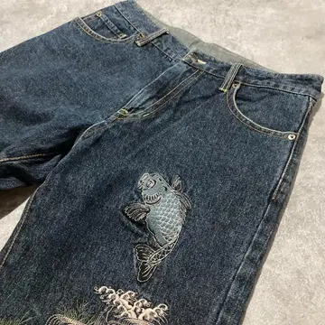 남성용 일본풍 패턴 자수 루즈 스트레이트 데님 팬츠 82cm 잉어 빈티지