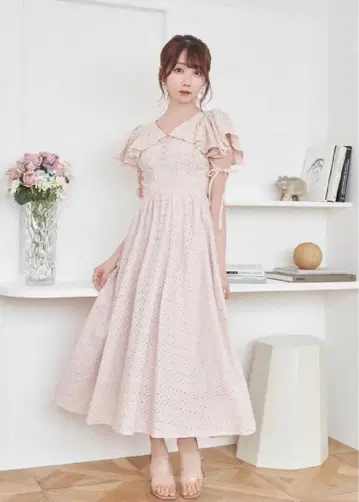 면 레이스 플레어 드레스 핑크