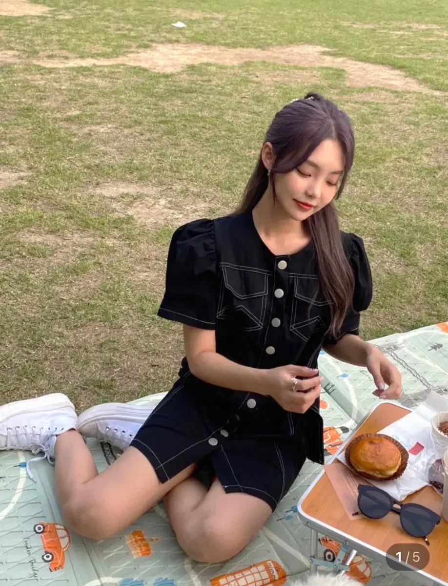 Stitch denim puff sleeve short-sleeved Belle mini Onepiece