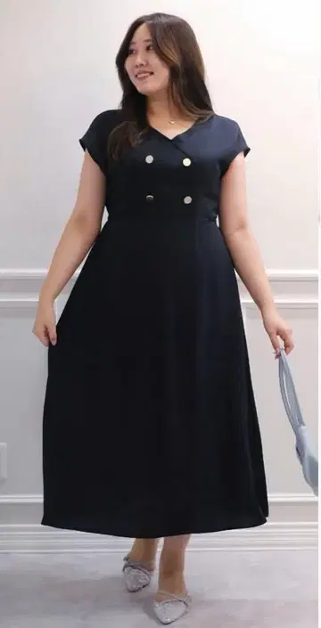 네이비 버튼 V넥 맥시 드레스