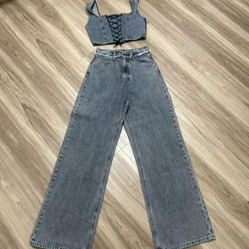 그레이 와이드 레그 데님 팬츠