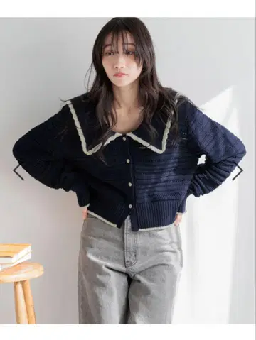 LOWRYSFARM BIG 칼라 레이스 가디건 네이비