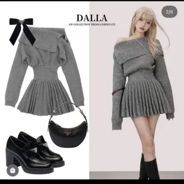 새상품급 DALLA 오프숄더 플리츠 원피스 니트 원피스 다라